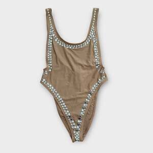 Studded Scoop Neck One-Piece Festival Swimsuit in Nude/Silver